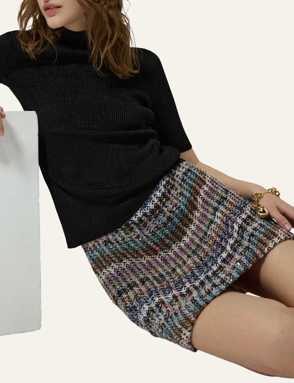 Missoni women's multicolor chevron mini skirt with shimmering sequins and textured knit in blue, turquoise, pink, black and white model