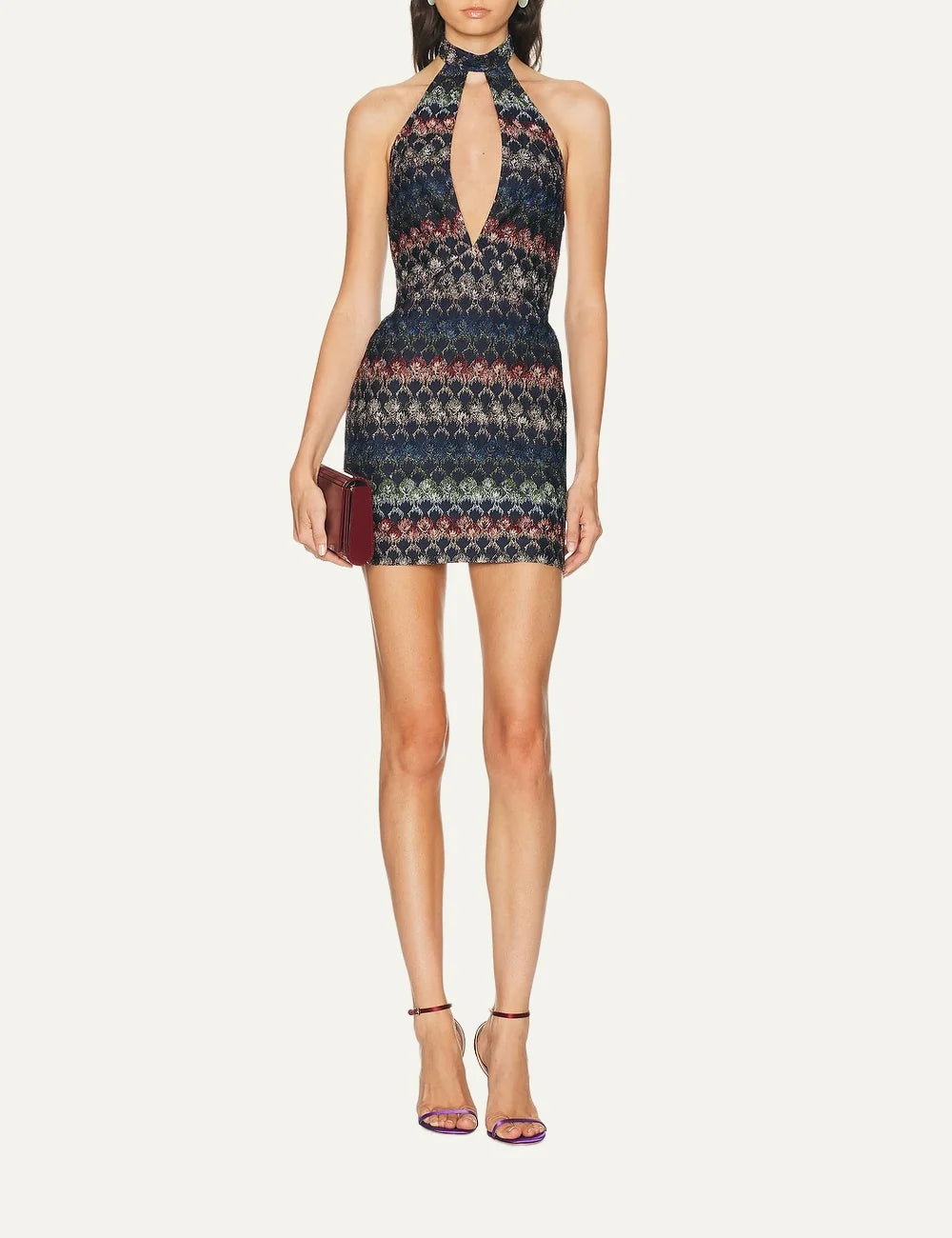 Missoni women's multicolor halterneck mini dress with a deep V front cutout, shimmering geometric knit pattern and blue, burgundy, green and beige tones full body