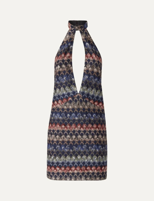 Missoni women's multicolor halterneck mini dress with a deep V front cutout, shimmering geometric knit pattern and blue, burgundy, green and beige tones.