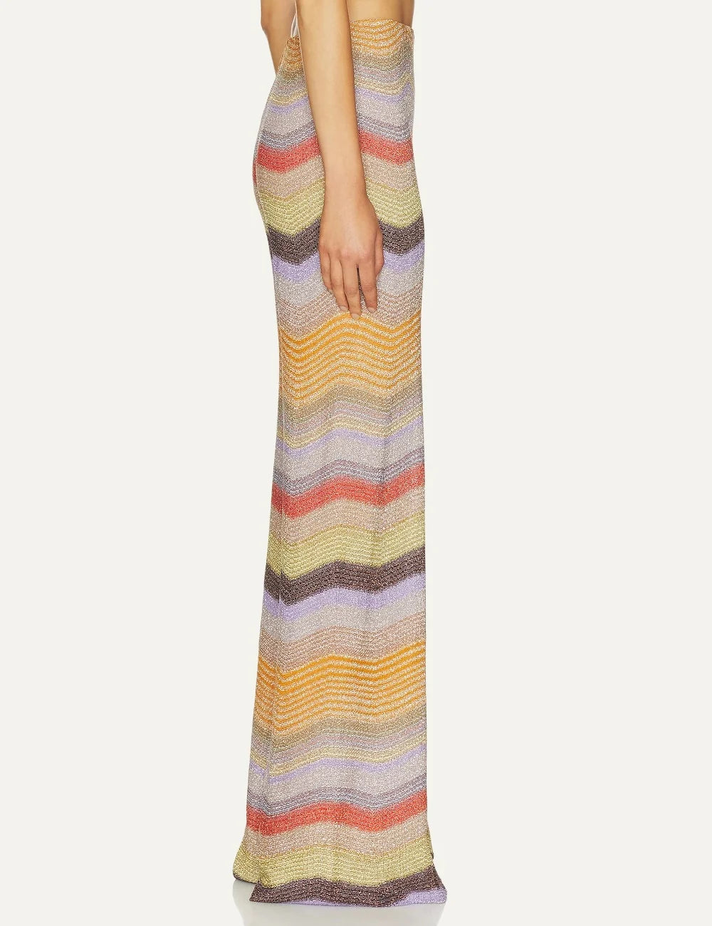 Missoni women's multicolor metallic zigzag knit wide leg trousers with elasticated waistband and shimmering orange, yellow, lilac and brown stripes side