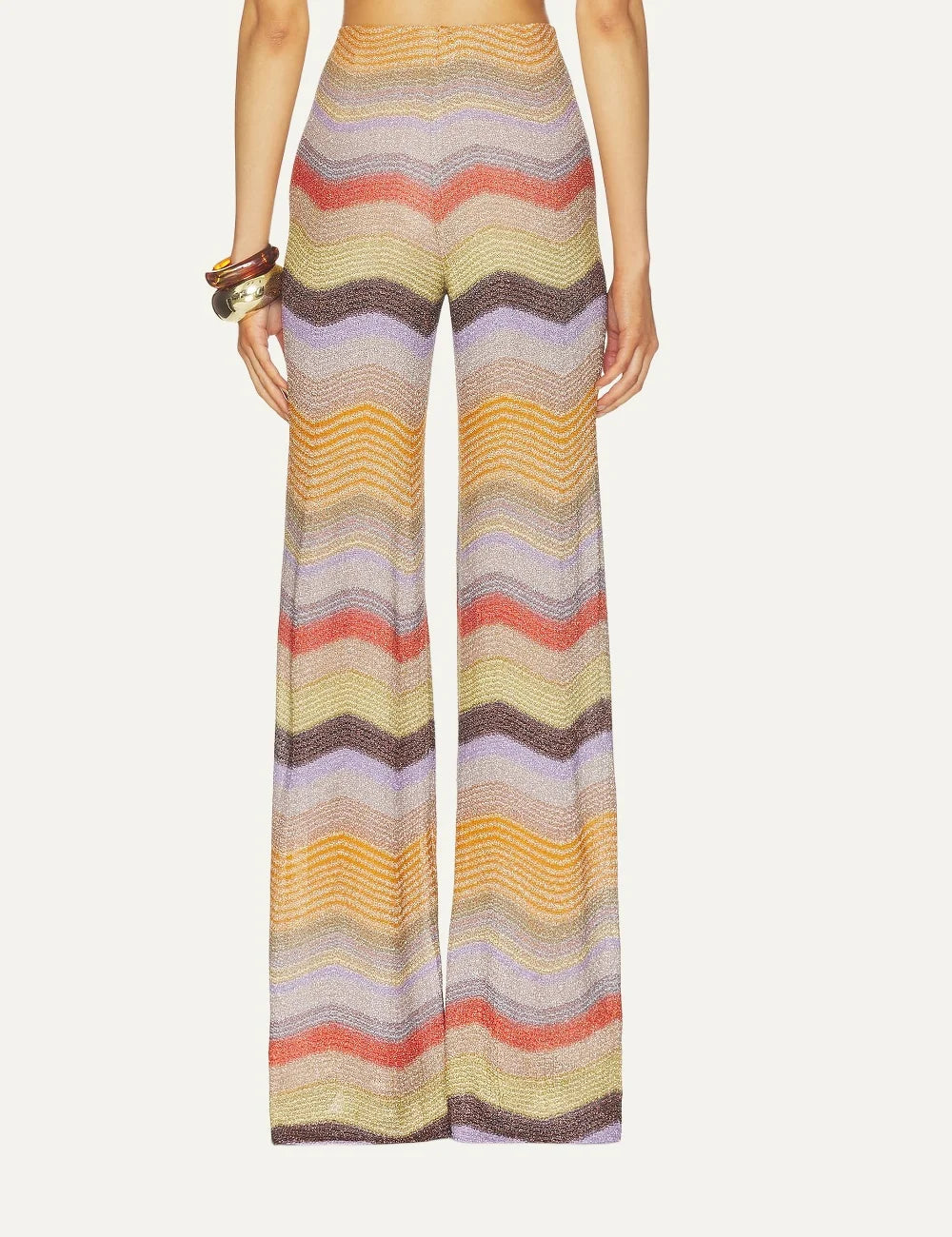 Missoni women's multicolor metallic zigzag knit wide leg trousers with elasticated waistband and shimmering orange, yellow, lilac and brown stripes back