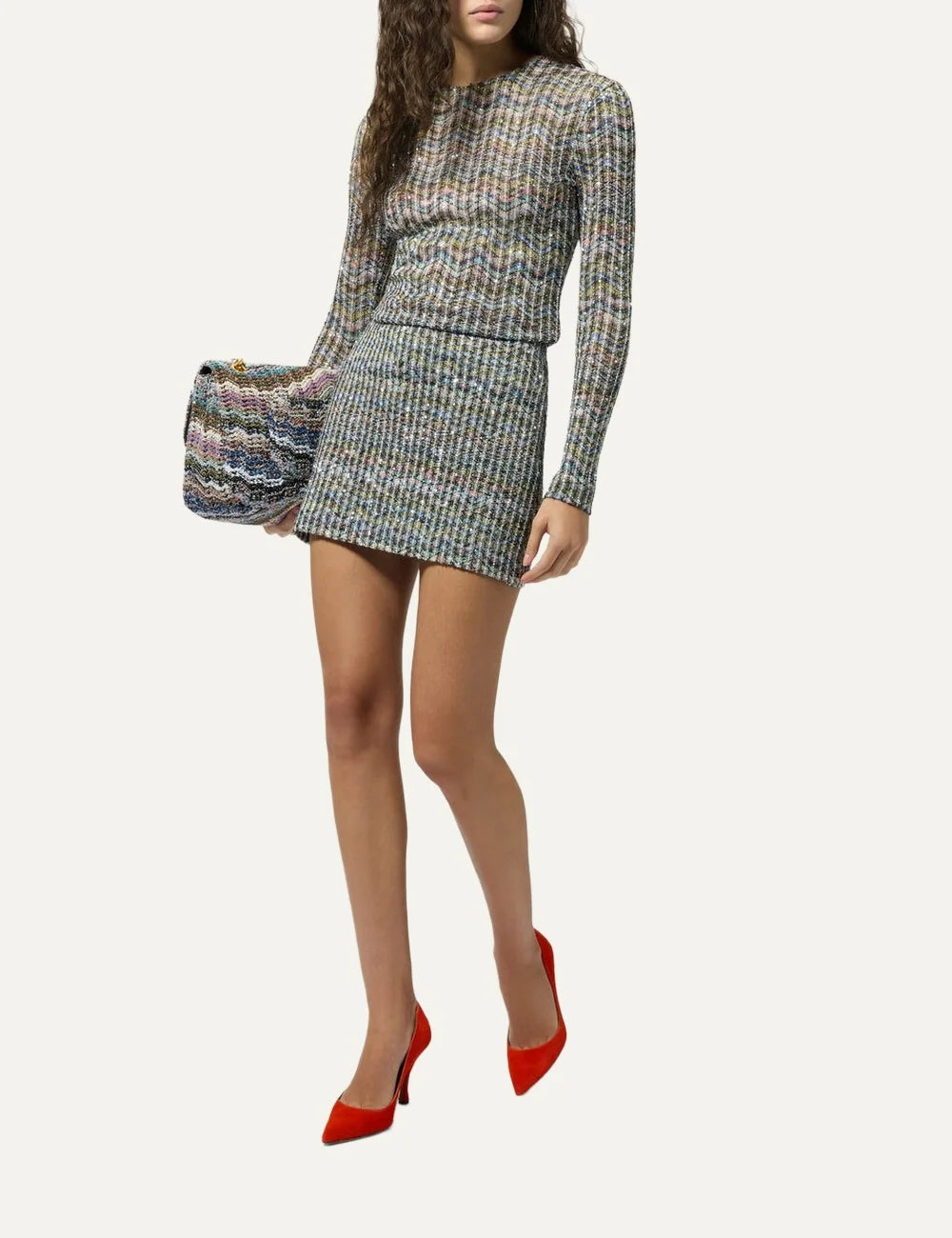 Missoni women's multicolor knit mini skirt with shimmering sequins, textured vertical ribbing and blue, green, pink and gold tones full body