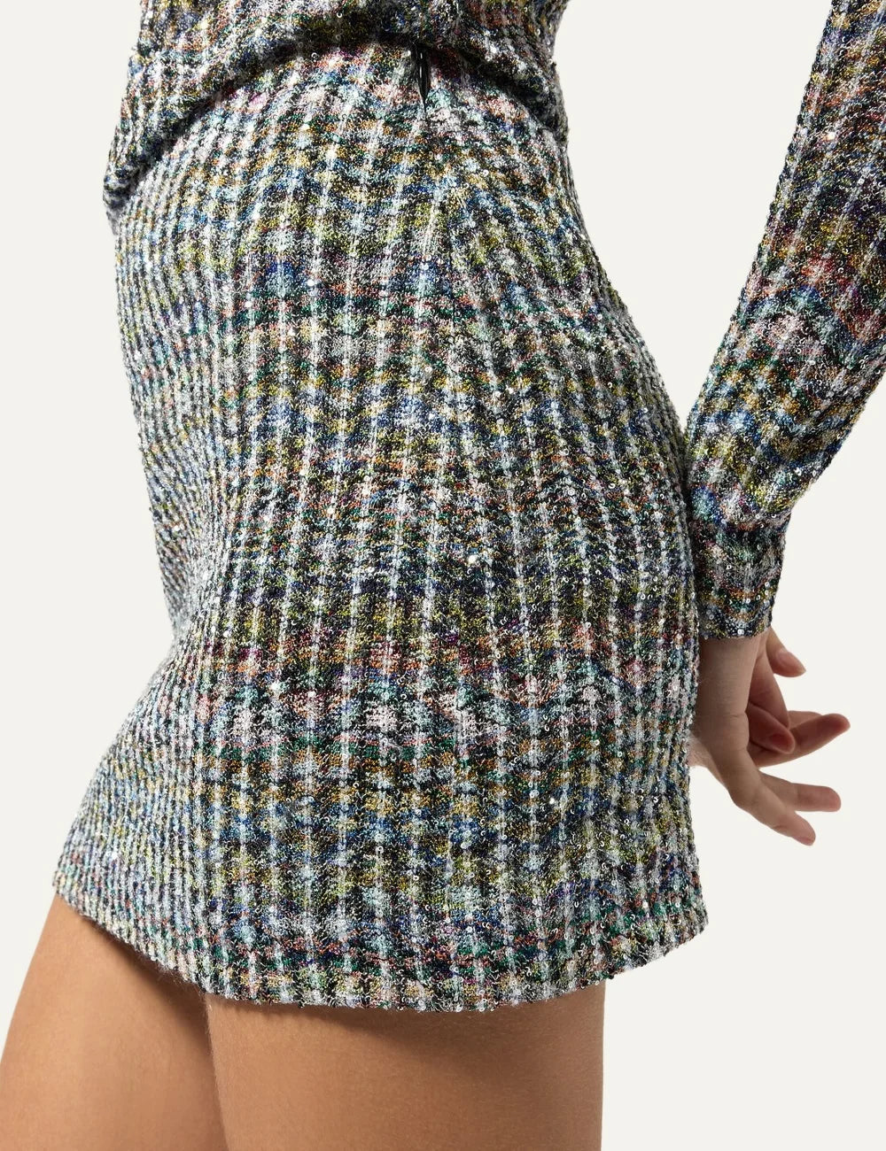 Missoni women's multicolor knit mini skirt with shimmering sequins, textured vertical ribbing and blue, green, pink and gold tones side