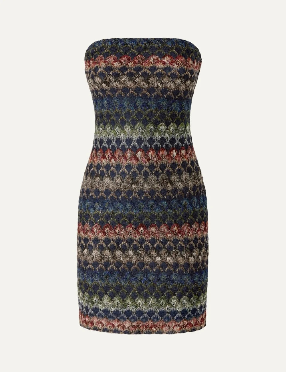 Missoni women's multicolor strapless mini dress with a structured bustier silhouette and intricate geometric lace knit pattern in blue, burgundy, green and beige tones.