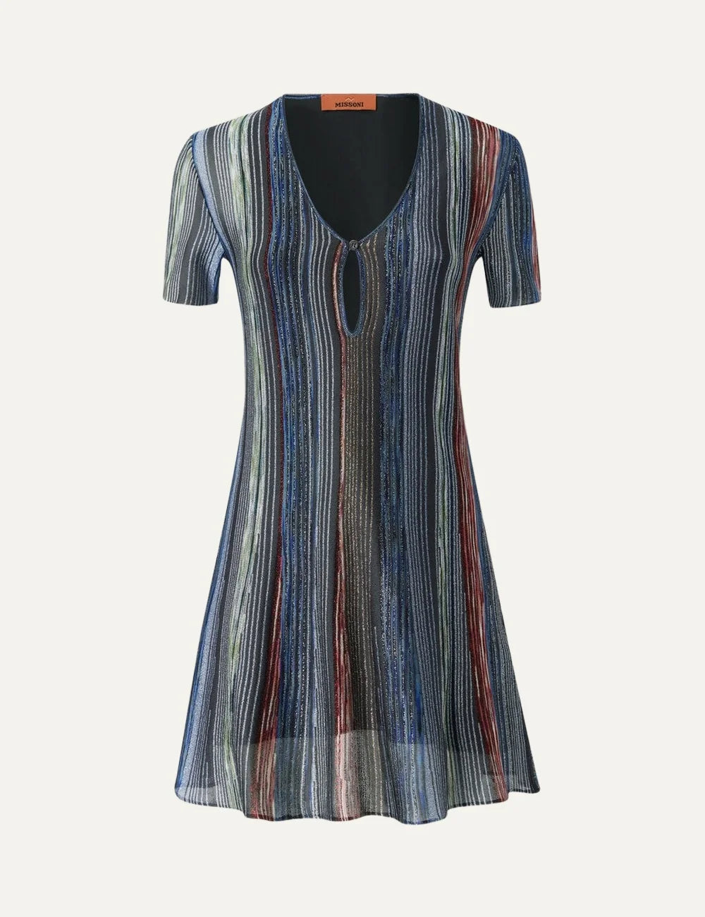 Missoni women's multicolor striped lamé knit mini dress with short sleeves, V-neck keyhole detail and flared semi-sheer hem.