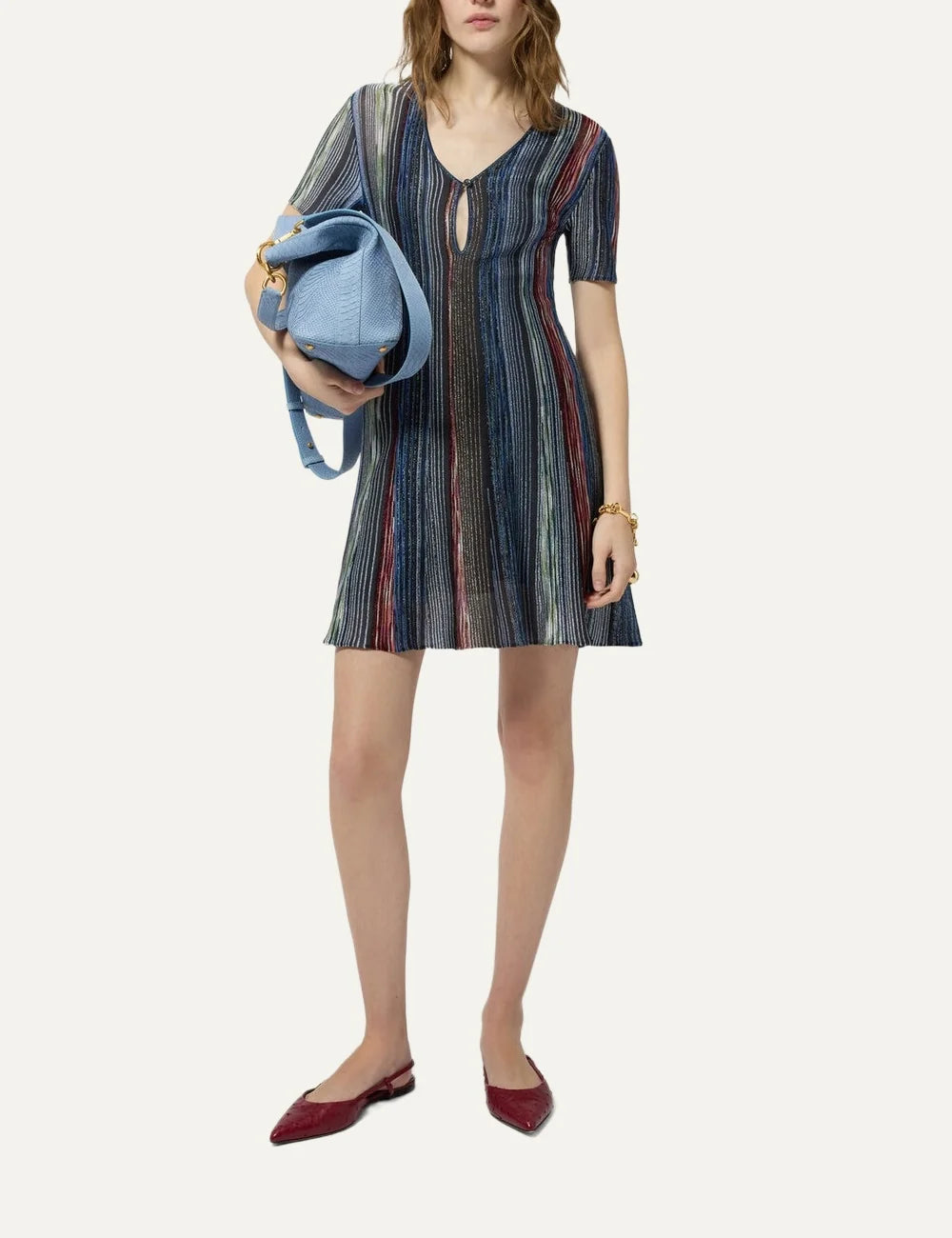 Missoni women's multicolor striped lamé knit mini dress with short sleeves, V-neck keyhole detail and flared semi-sheer hem full body