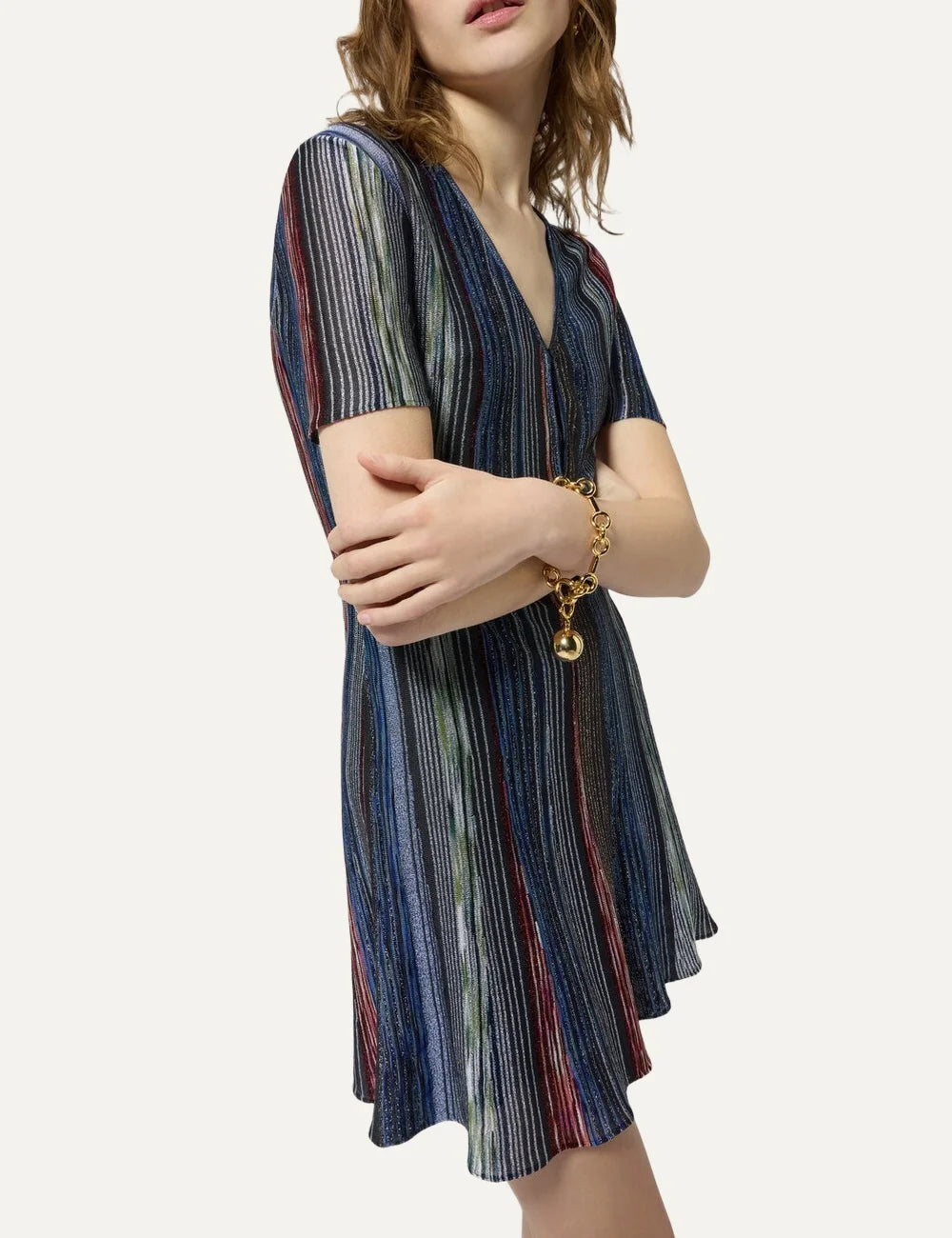 Missoni women's multicolor striped lamé knit mini dress with short sleeves, V-neck keyhole detail and flared semi-sheer hem side