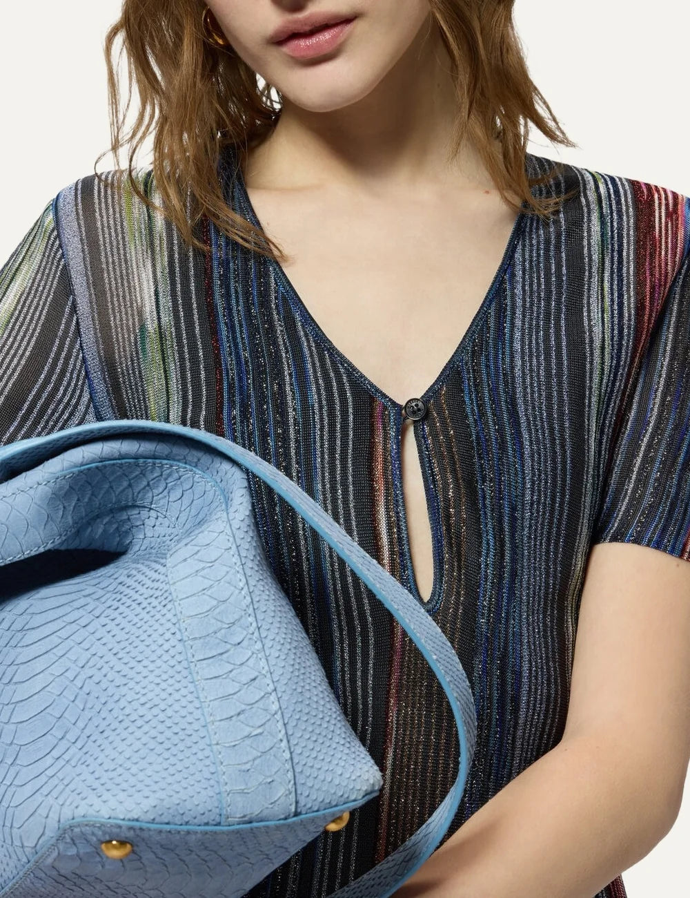 Missoni women's multicolor striped lamé knit mini dress with short sleeves, V-neck keyhole detail and flared semi-sheer hem detail