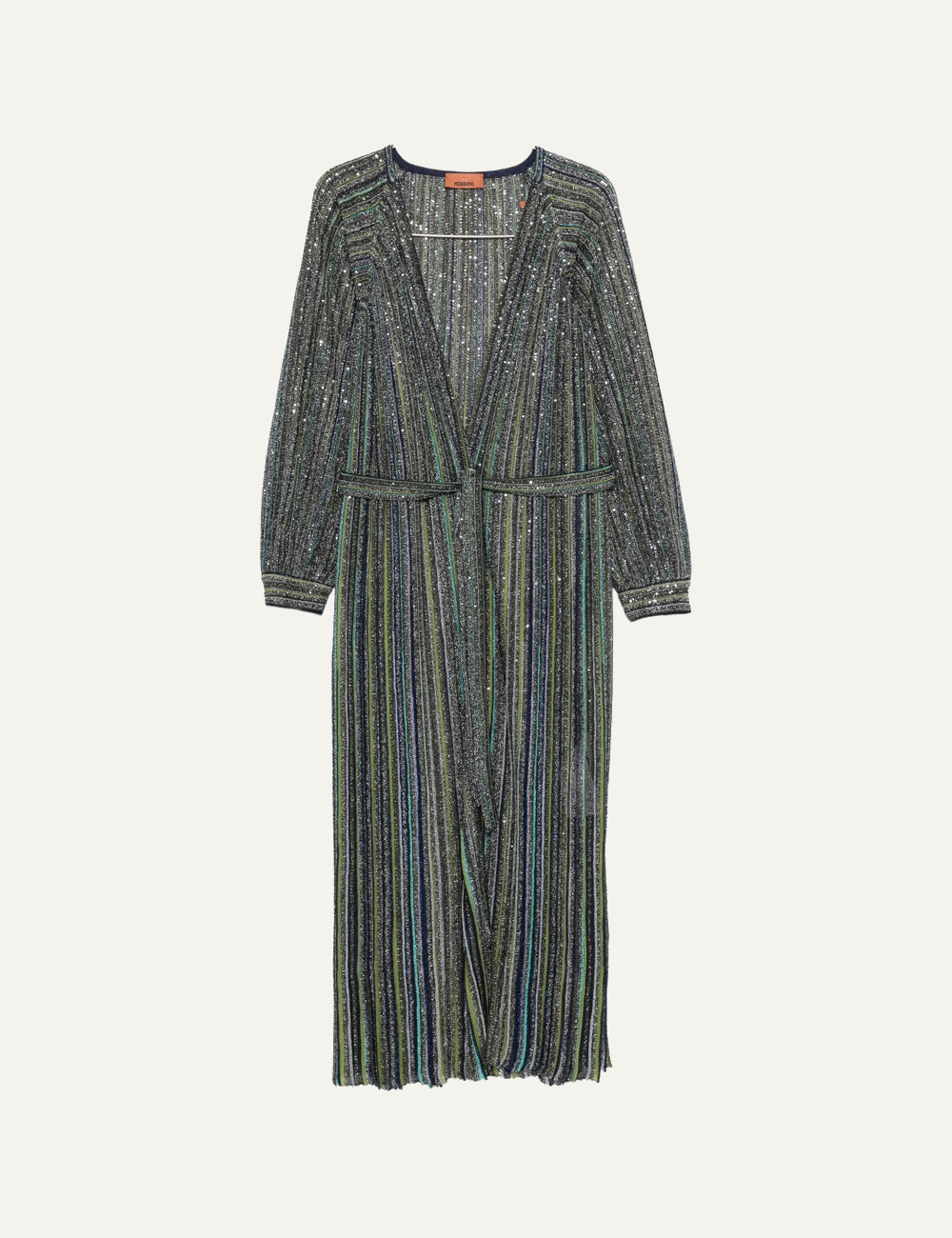 Missoni women's multicolor long cardigan with shimmering vertical stripes, all-over sequins, deep V neckline, long sleeves and matching waist belt.
