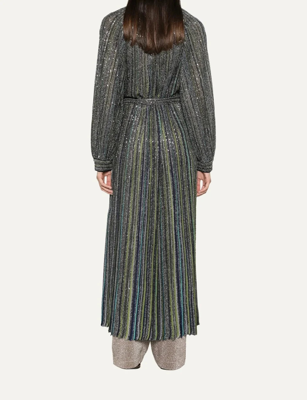 Missoni women's multicolor long cardigan with shimmering vertical stripes, all-over sequins, deep V neckline, long sleeves and matching waist belt back