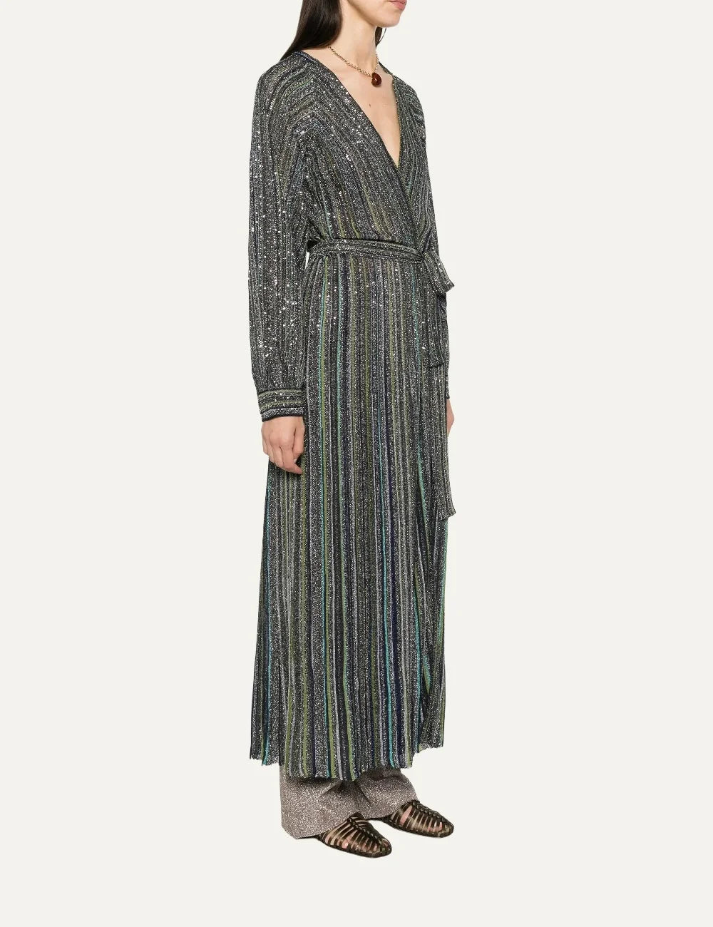 Missoni women's multicolor long cardigan with shimmering vertical stripes, all-over sequins, deep V neckline, long sleeves and matching waist belt side