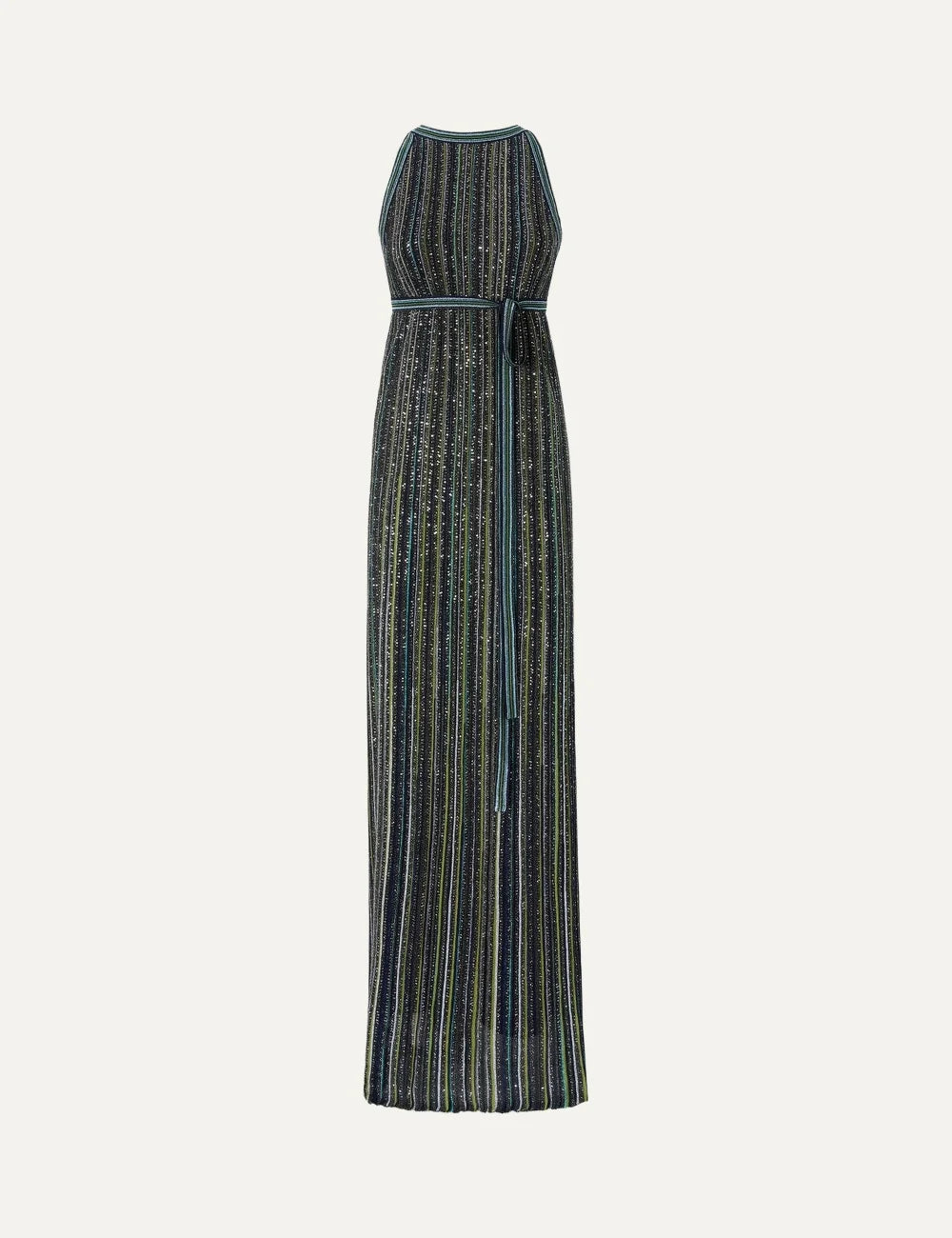 Missoni women's multicolor sleeveless maxi dress with shimmering vertical stripes, all-over sequins and a matching tie waist belt.