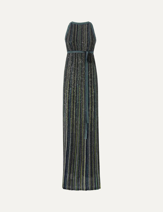Missoni women's multicolor sleeveless maxi dress with shimmering vertical stripes, all-over sequins and a matching tie waist belt.