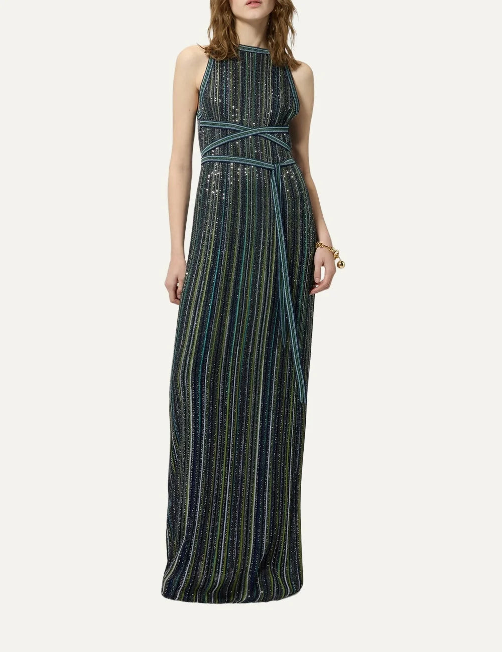 Missoni women's multicolor sleeveless maxi dress with shimmering vertical stripes, all-over sequins and a matching tie waist belt full body