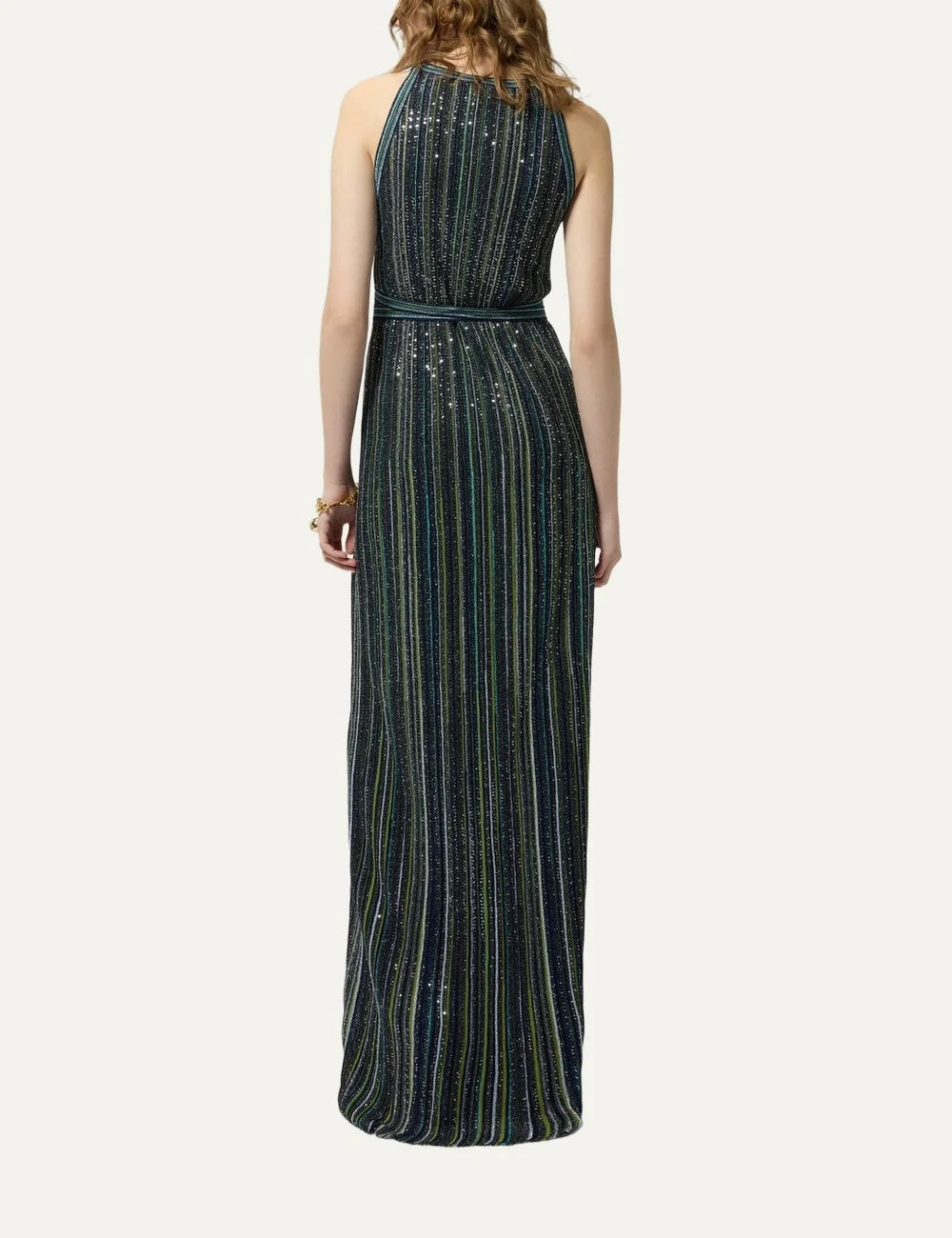 Missoni women's multicolor sleeveless maxi dress with shimmering vertical stripes, all-over sequins and a matching tie waist belt back
