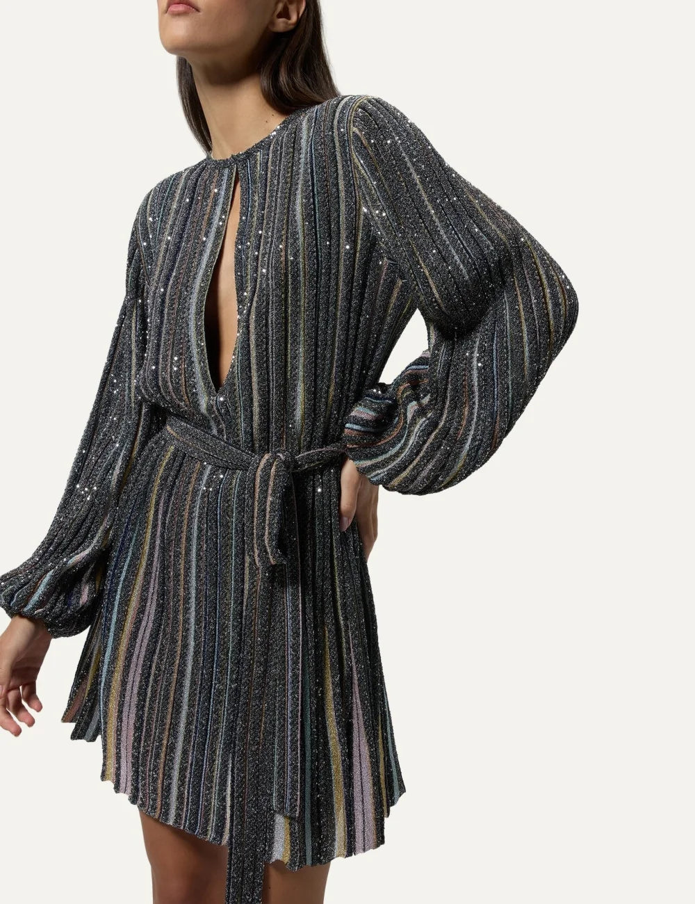 Missoni women's multicolor striped sequin mini dress with long sleeves, deep front cutout and matching waist tie belt model