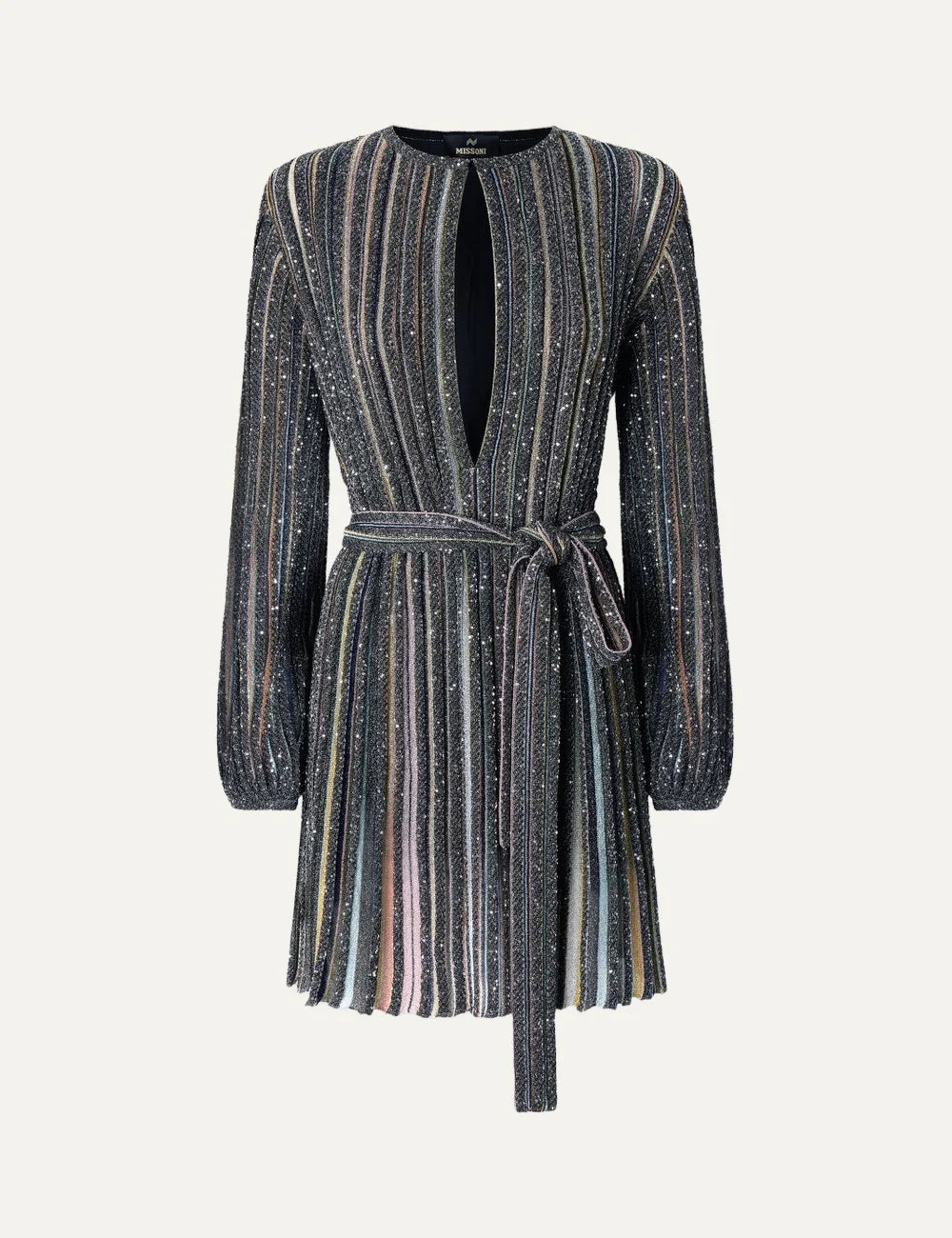 Missoni women's multicolor striped sequin mini dress with long sleeves, deep front cutout and matching waist tie belt.