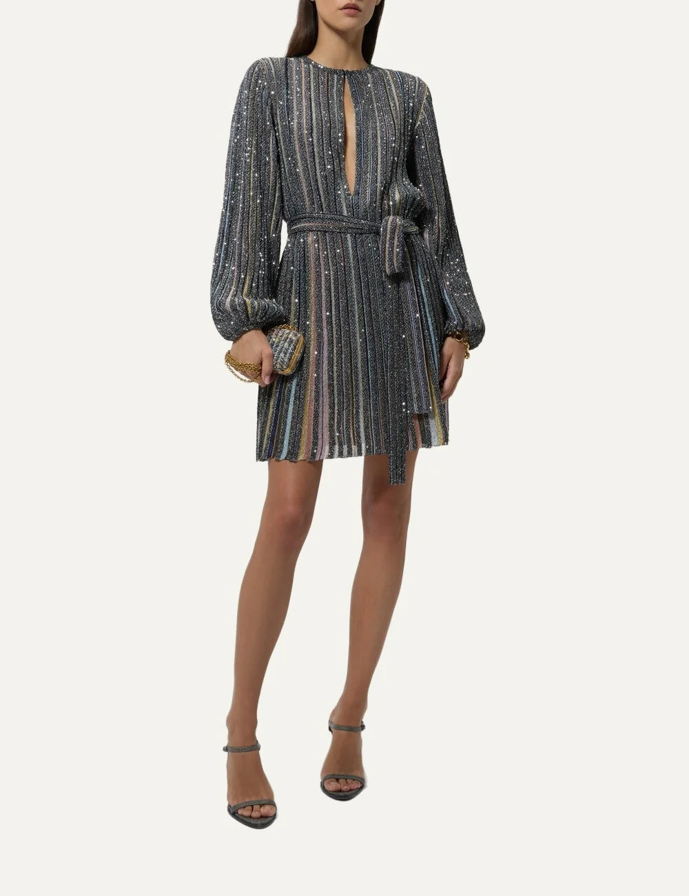 Missoni women's multicolor striped sequin mini dress with long sleeves, deep front cutout and matching waist tie belt full body