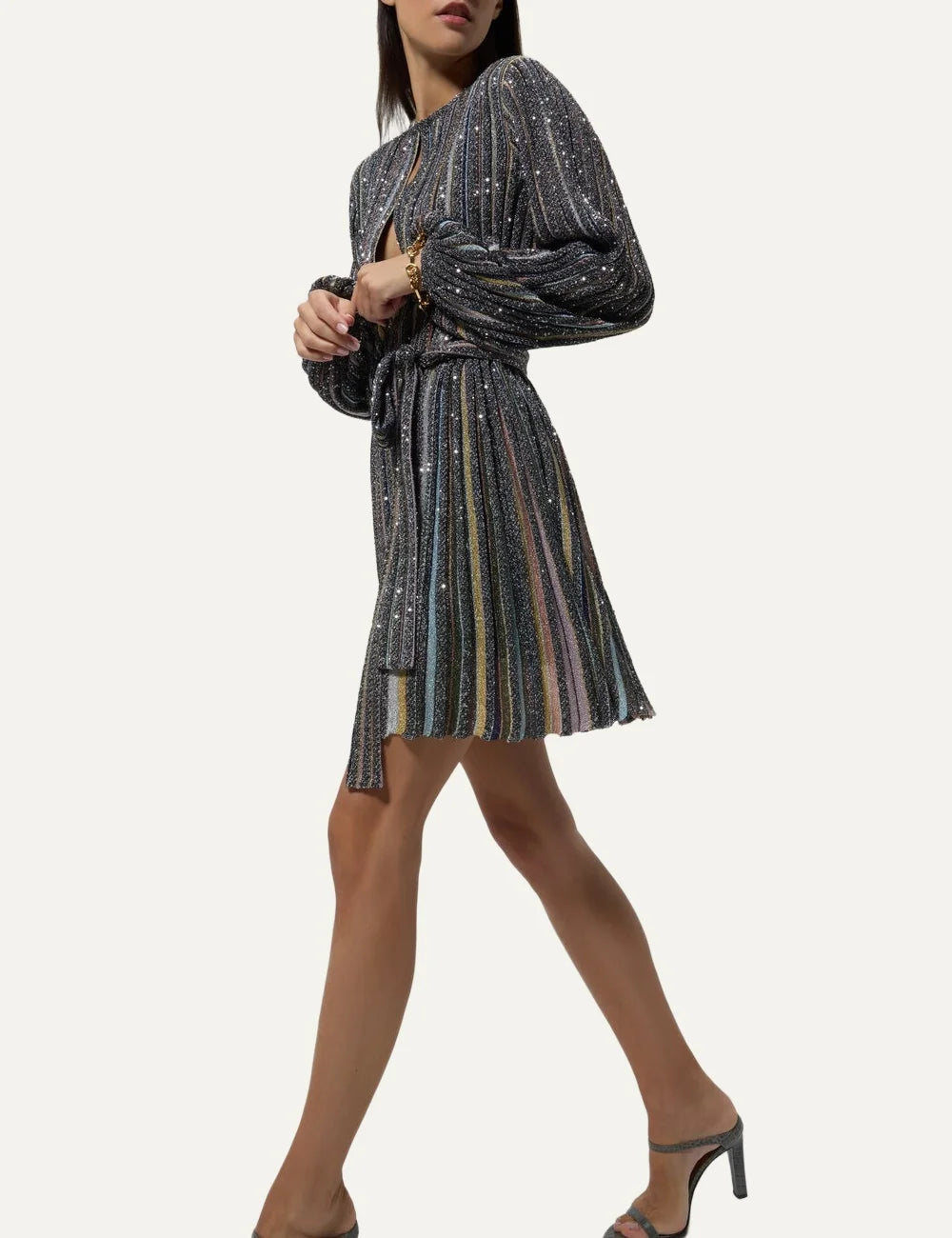 Missoni women's multicolor striped sequin mini dress with long sleeves, deep front cutout and matching waist tie belt side