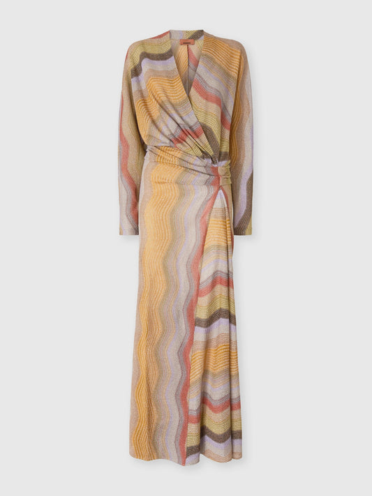 Missoni women's multicolor maxi knit dress with wavy stripes, metallic shimmer, deep V-neckline, long sleeves and draped wrap waist.