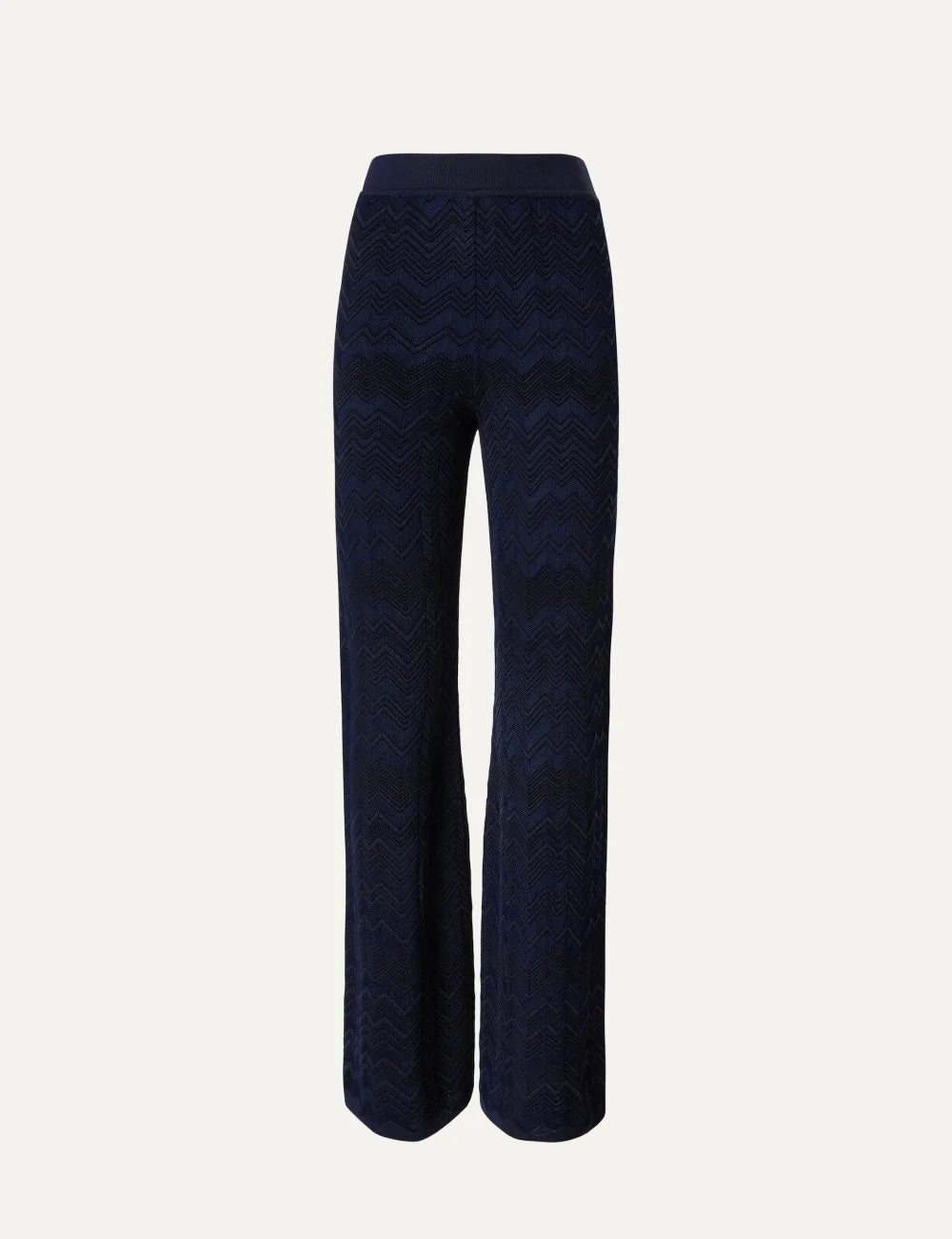 Missoni women's navy blue straight leg knit trousers with tonal zigzag chevron pattern and wide elastic waistband.