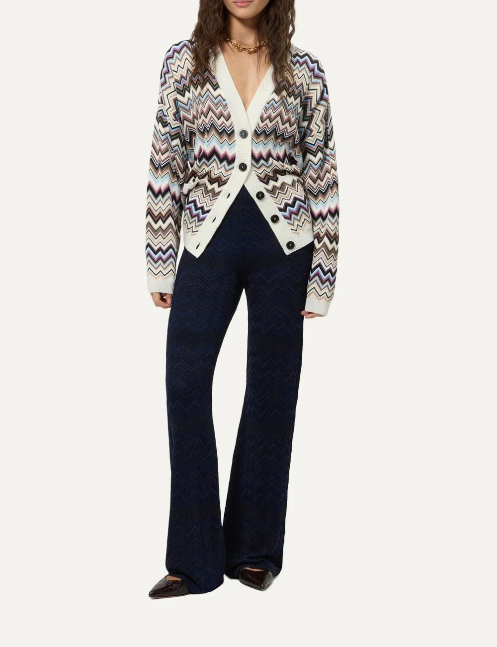 Missoni women's navy blue straight leg knit trousers with tonal zigzag chevron pattern and wide elastic waistband full body