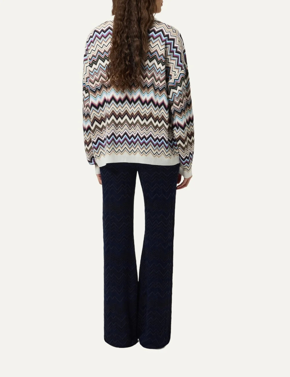Missoni women's navy blue straight leg knit trousers with tonal zigzag chevron pattern and wide elastic waistband back