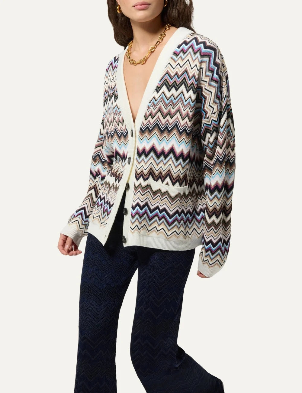Missoni women's navy blue straight leg knit trousers with tonal zigzag chevron pattern and wide elastic waistband side