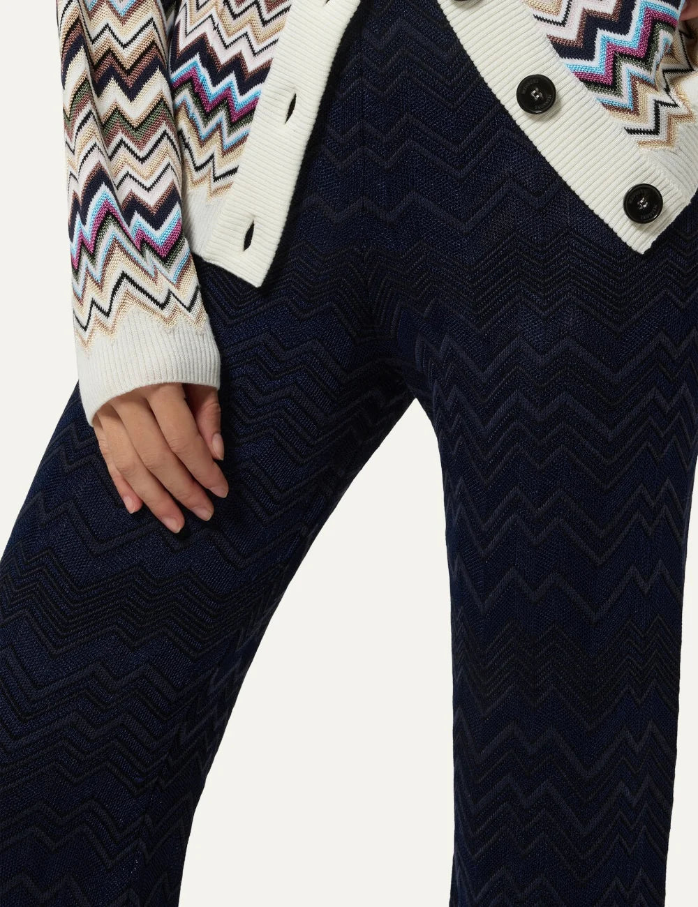 Missoni women's navy blue straight leg knit trousers with tonal zigzag chevron pattern and wide elastic waistband detail