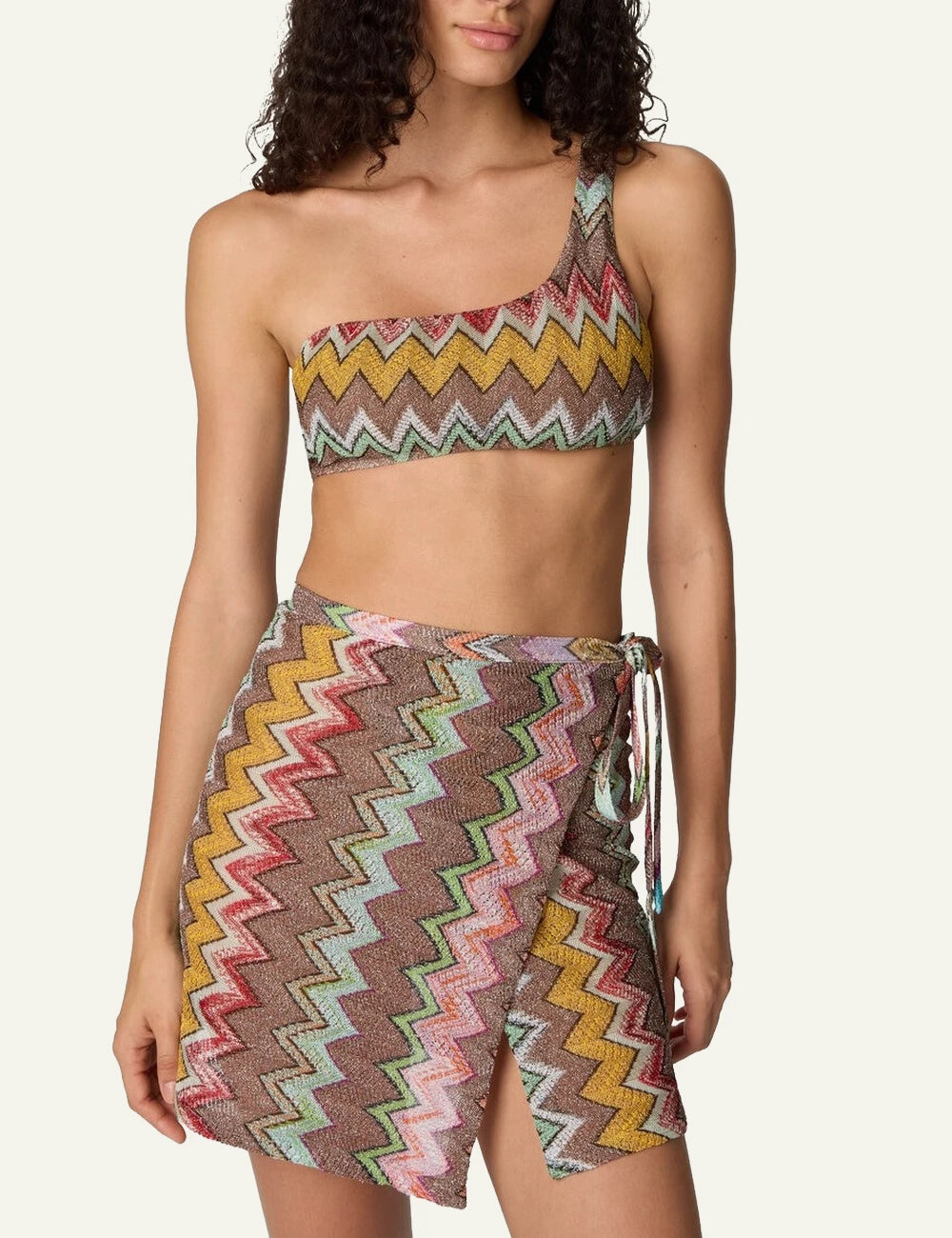 missoni wrap mini skirt zigzag knit multicolor lamé front model view