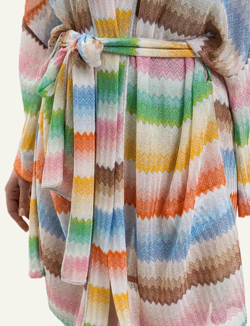 missoni zigzag knit dress multicolor v neck tie waist front detail view