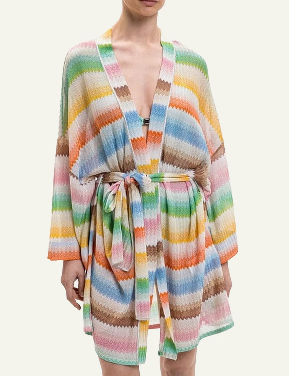 missoni zigzag knit dress multicolor v neck tie waist front model view