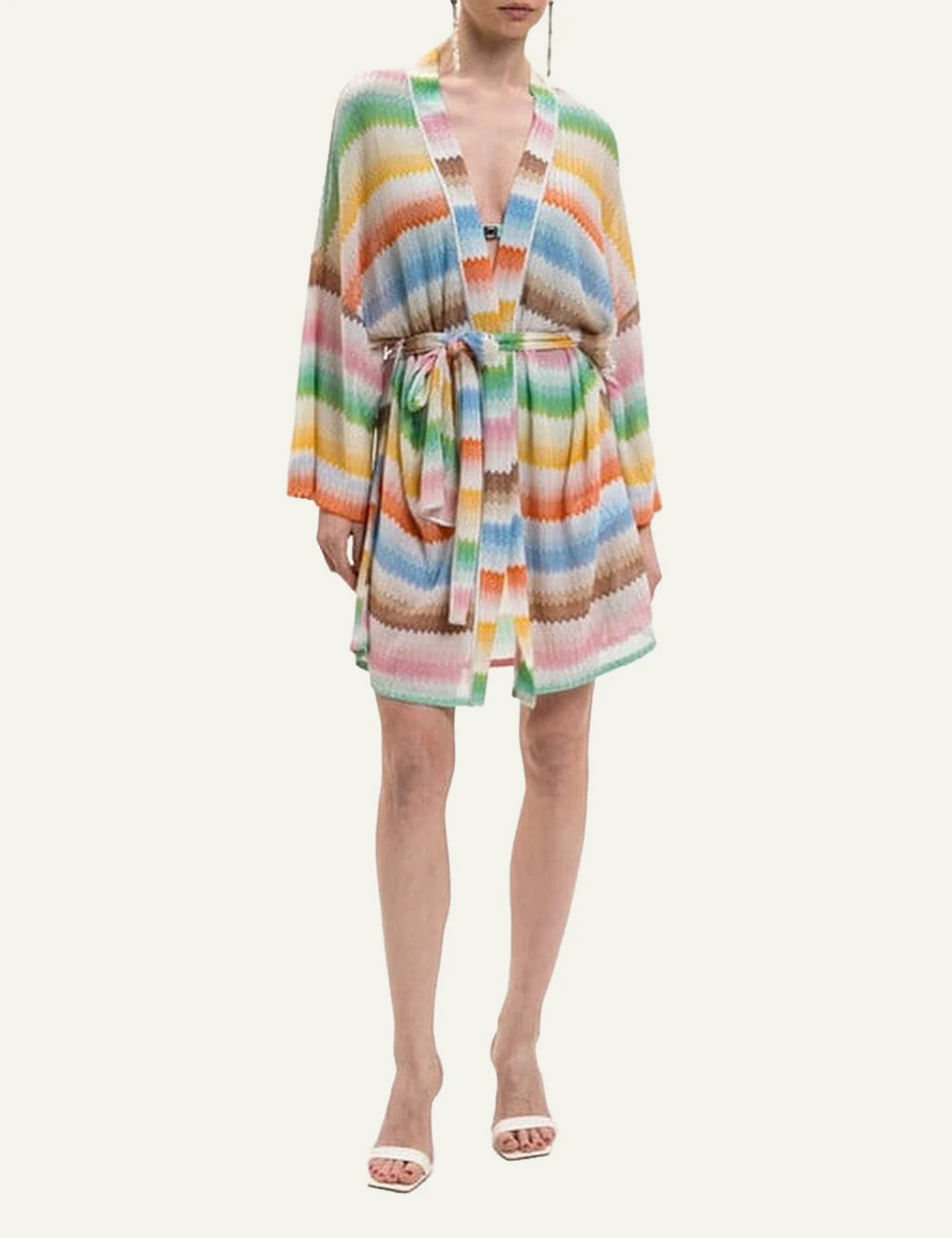 missoni zigzag knit dress multicolor v neck tie waist front full body view