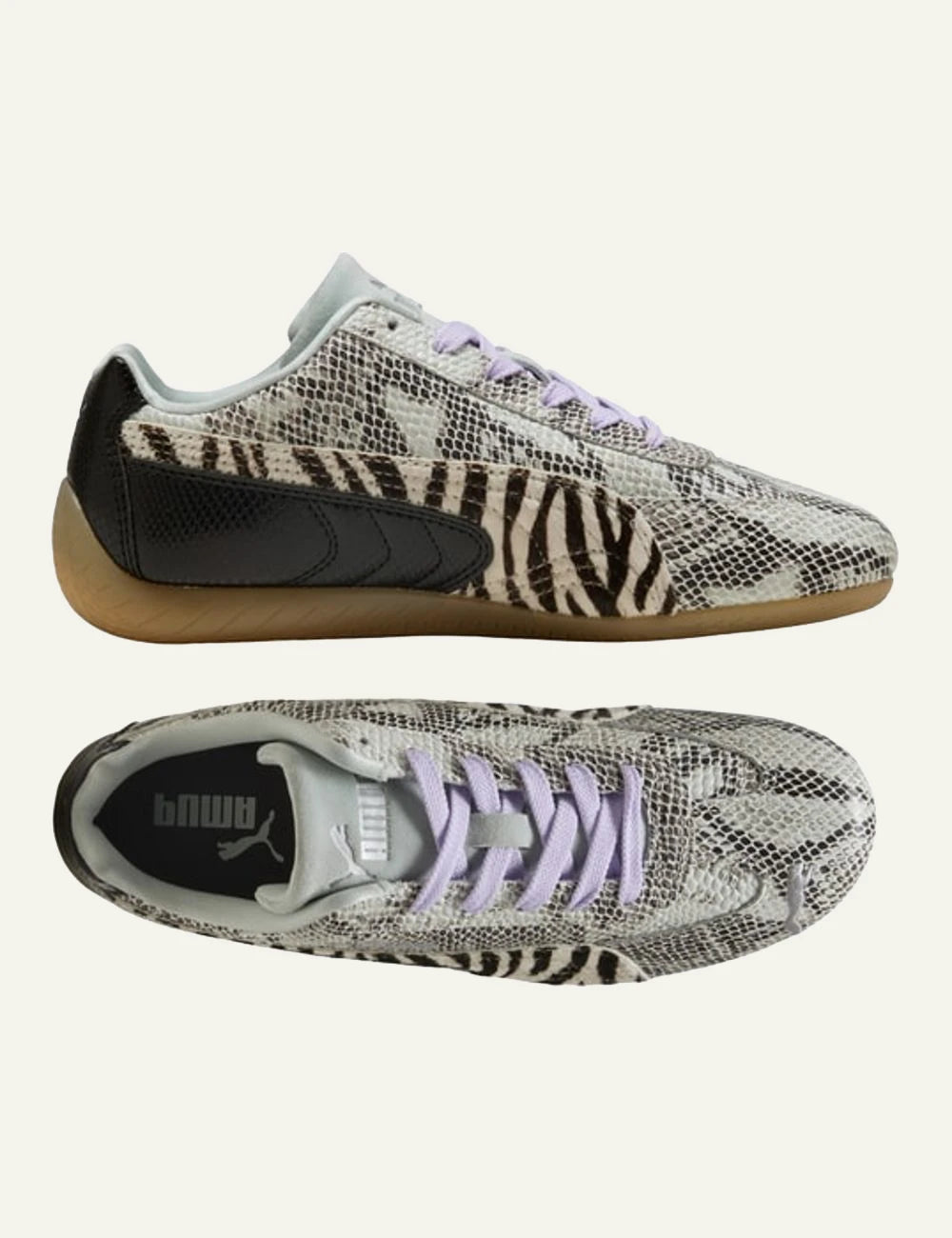Mixed animal print sneakers with zebra and snake pattern side top view 