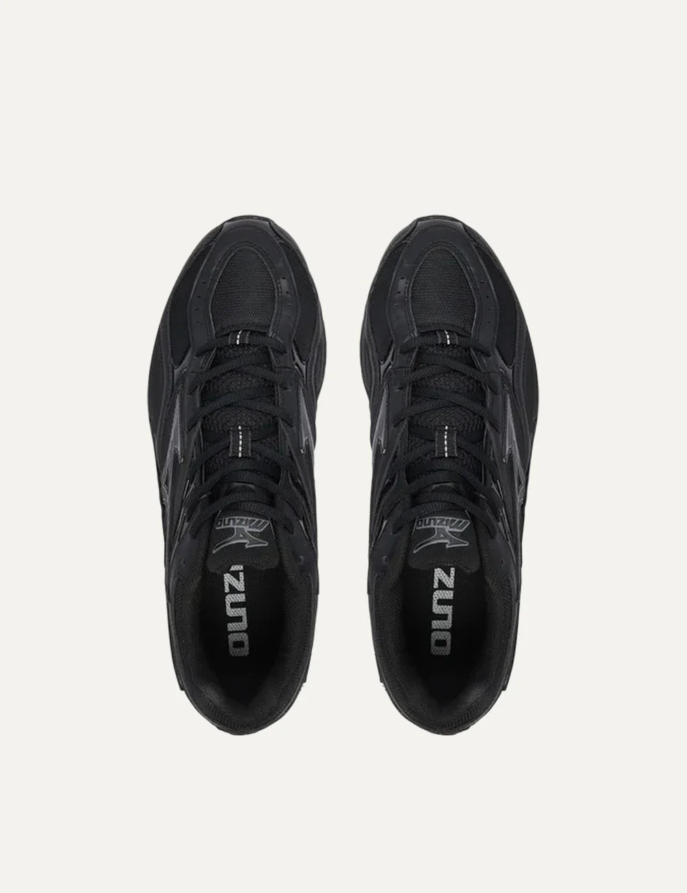 Mizuno Wave Mustang LS Tech black sneakers with mesh panels, metallic grey overlays, lace-up fastening and sculpted chunky sole top