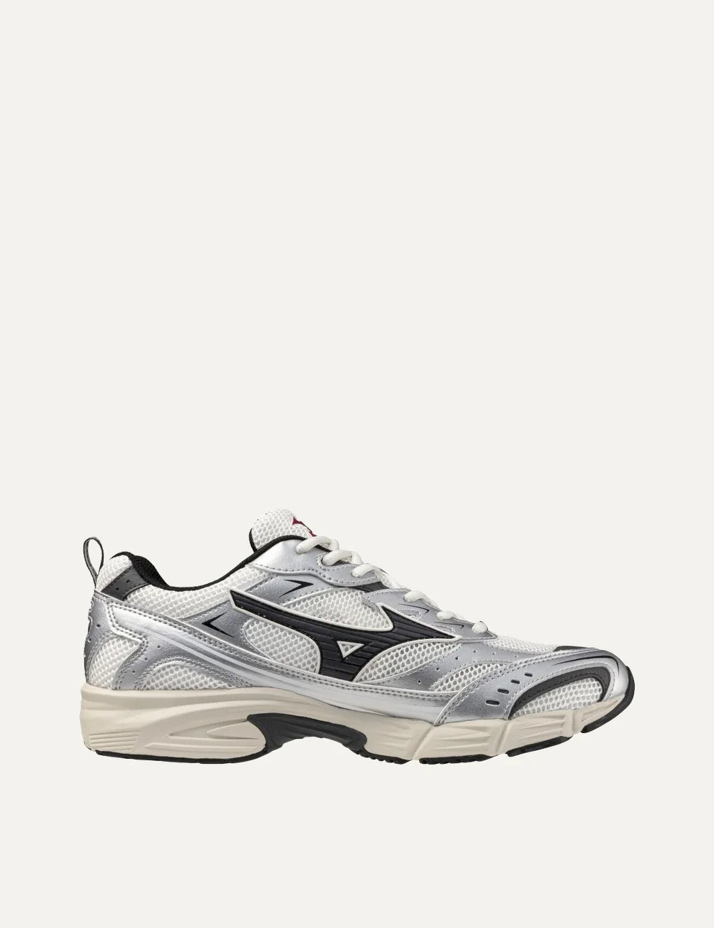 Mizuno MXR Sport white mesh sneakers with metallic silver overlays, black logo, white laces and chunky cream sole.