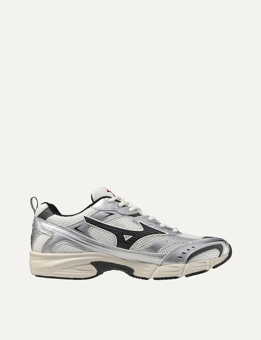 Mizuno MXR Sport white mesh sneakers with metallic silver overlays, black logo, white laces and chunky cream sole.