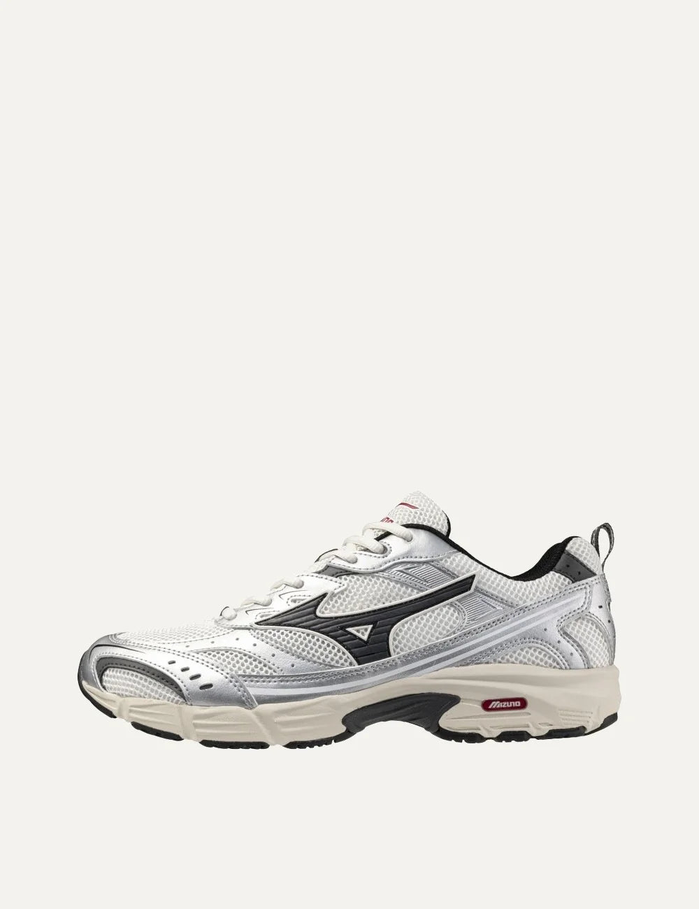 Mizuno MXR Sport white mesh sneakers with metallic silver overlays, black logo, white laces and chunky cream sole profile