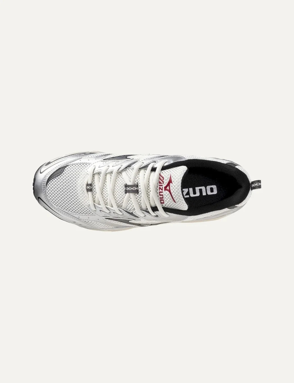 Mizuno MXR Sport white mesh sneakers with metallic silver overlays, black logo, white laces and chunky cream sole top
