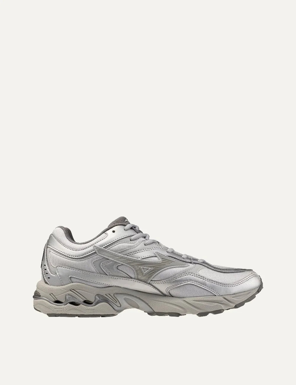 Mizuno Wave MG4 LS white and silver sneakers with layered mesh panels, metallic overlays, grey laces and sculpted chunky sole.