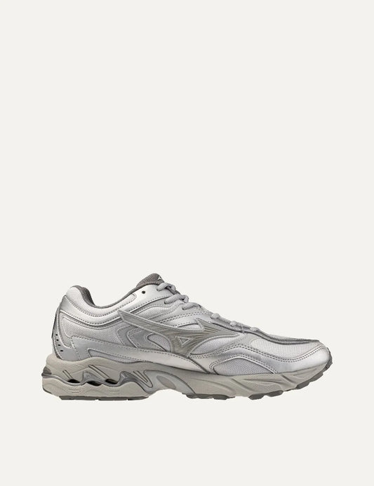 Mizuno Wave MG4 LS white and silver sneakers with layered mesh panels, metallic overlays, grey laces and sculpted chunky sole.