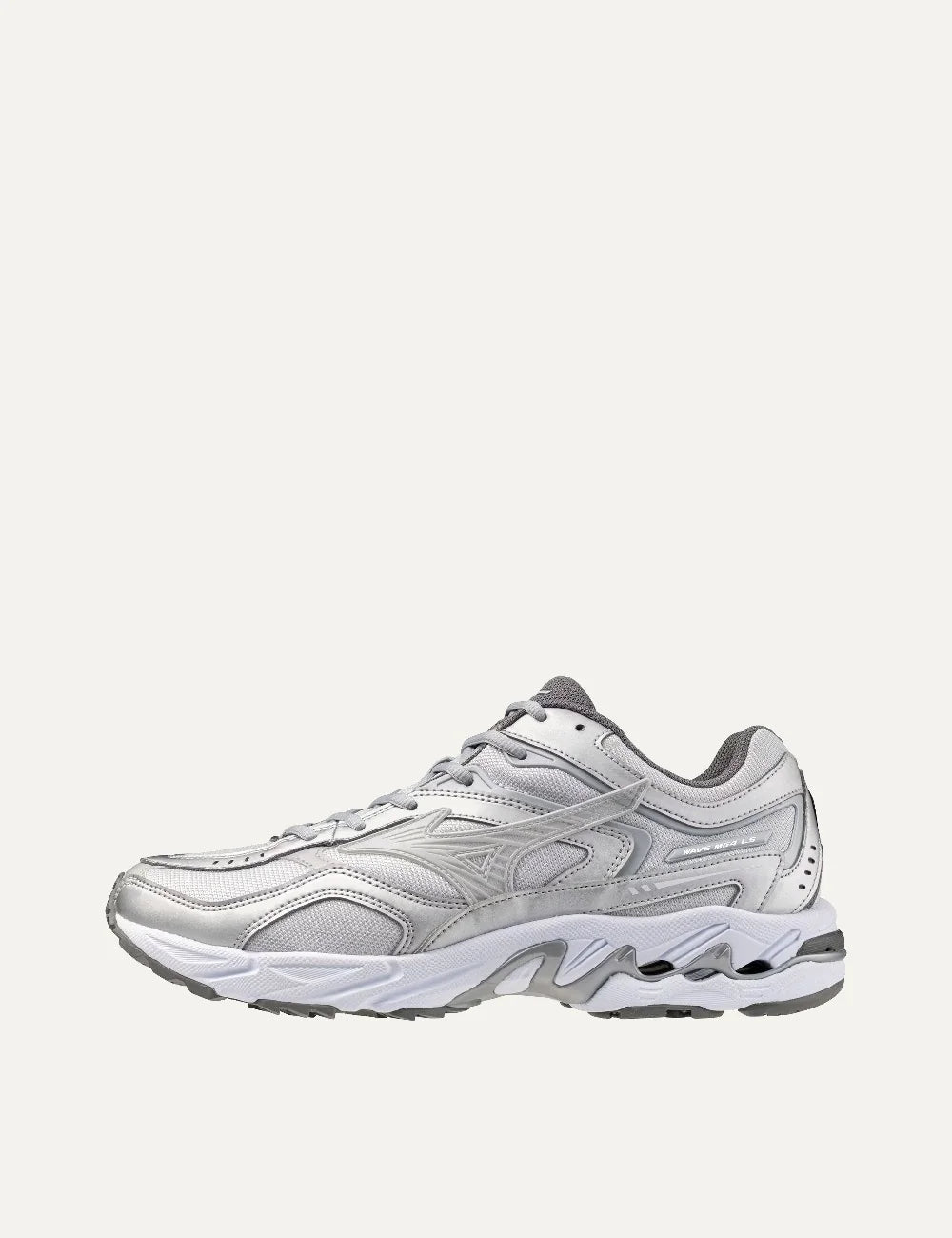 Mizuno Wave MG4 LS white and silver sneakers with layered mesh panels, metallic overlays, grey laces and sculpted chunky sole profile