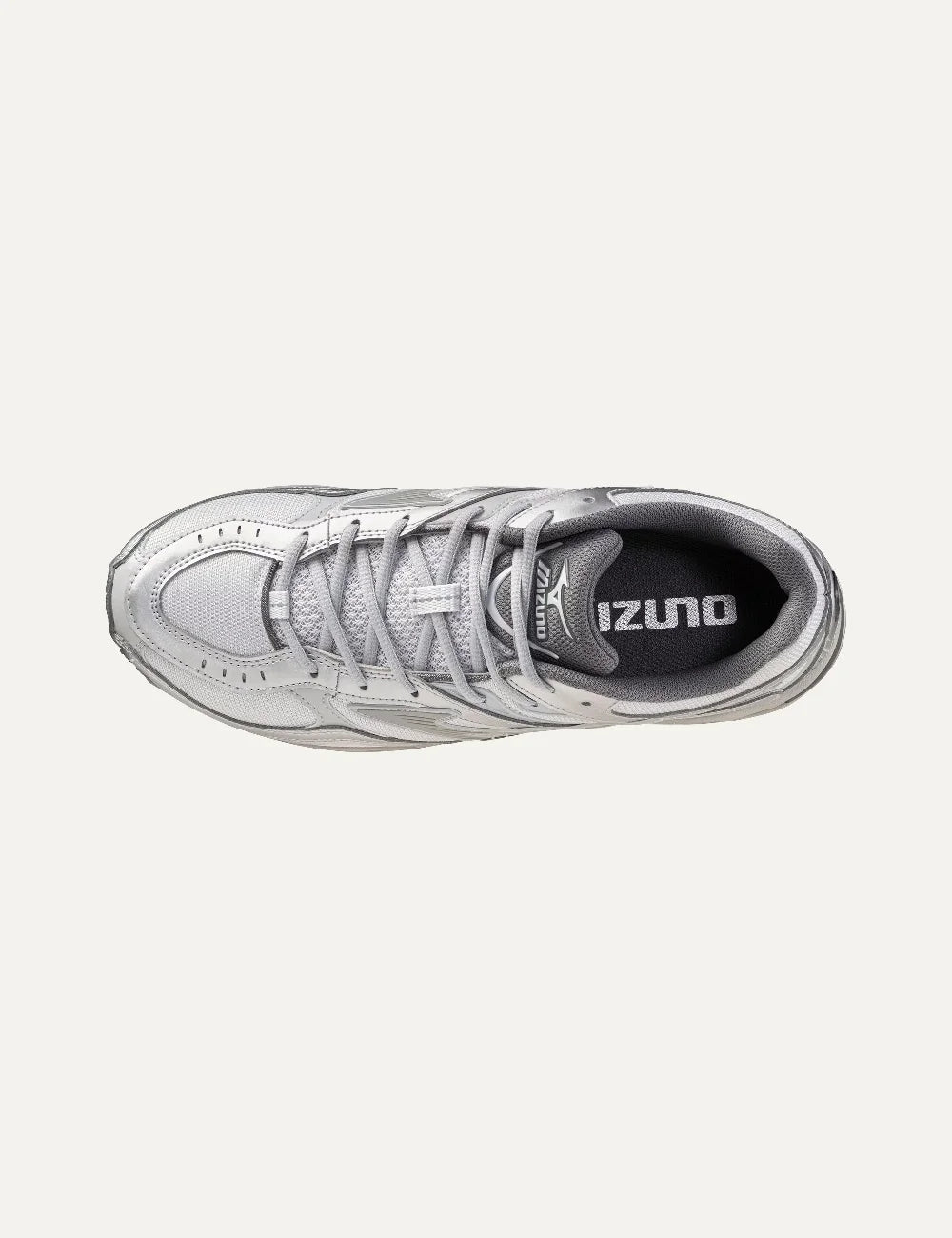 Mizuno Wave MG4 LS white and silver sneakers with layered mesh panels, metallic overlays, grey laces and sculpted chunky sole top