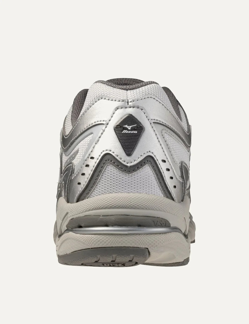 Mizuno Wave MG4 LS white and silver sneakers with layered mesh panels, metallic overlays, grey laces and sculpted chunky sole back