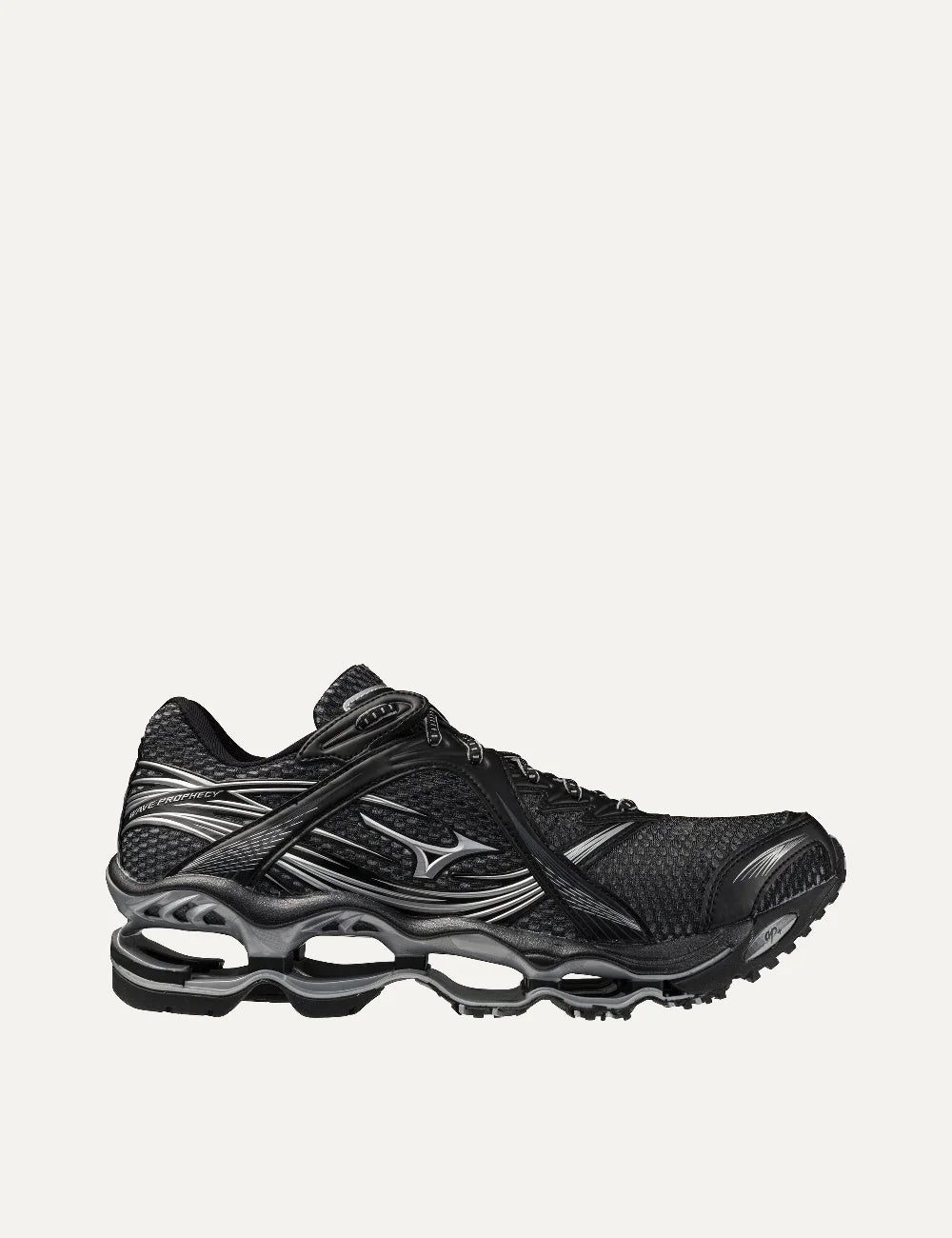 Mizuno Wave Prophecy 1 black mesh sneakers with metallic silver accents, sculpted overlays, black laces and futuristic open wave sole.