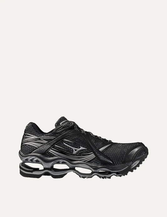 Mizuno Wave Prophecy 1 black mesh sneakers with metallic silver accents, sculpted overlays, black laces and futuristic open wave sole.