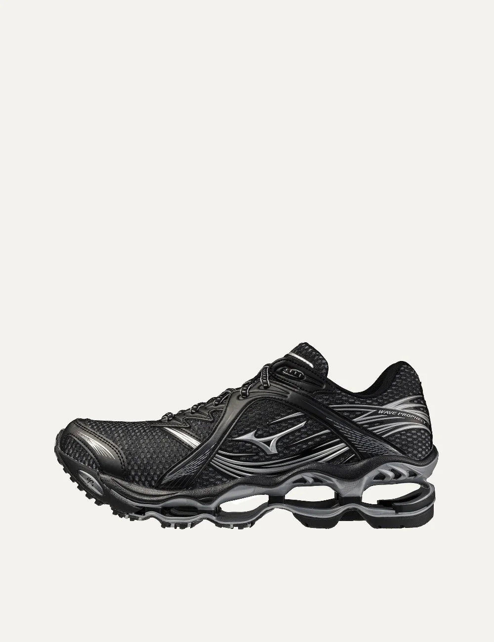 Mizuno Wave Prophecy 1 black mesh sneakers with metallic silver accents, sculpted overlays, black laces and futuristic open wave sole profile