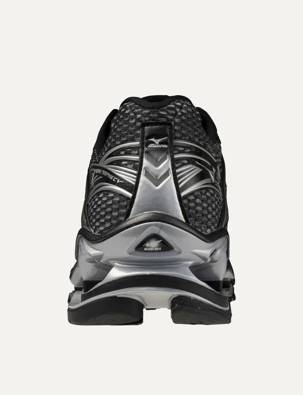 Mizuno Wave Prophecy 1 black mesh sneakers with metallic silver accents, sculpted overlays, black laces and futuristic open wave sole back