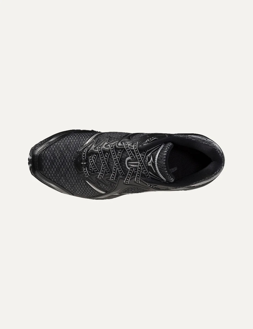 Mizuno Wave Prophecy 1 black mesh sneakers with metallic silver accents, sculpted overlays, black laces and futuristic open wave sole top