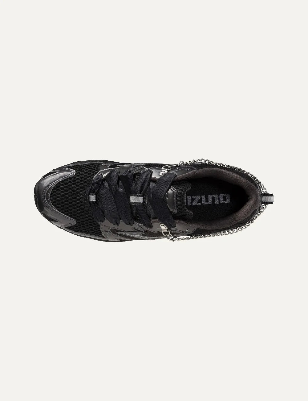 Mizuno Wave Rider 10 Jewels black sneakers with charcoal overlays, mesh panels, silver chain detailing and chunky sculpted sole top